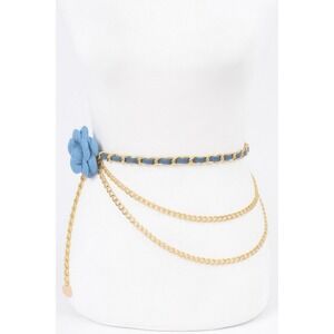 Womens Multi Layer Chain Belt Blue Flower Accent Gold Tone Fashion Accessory
